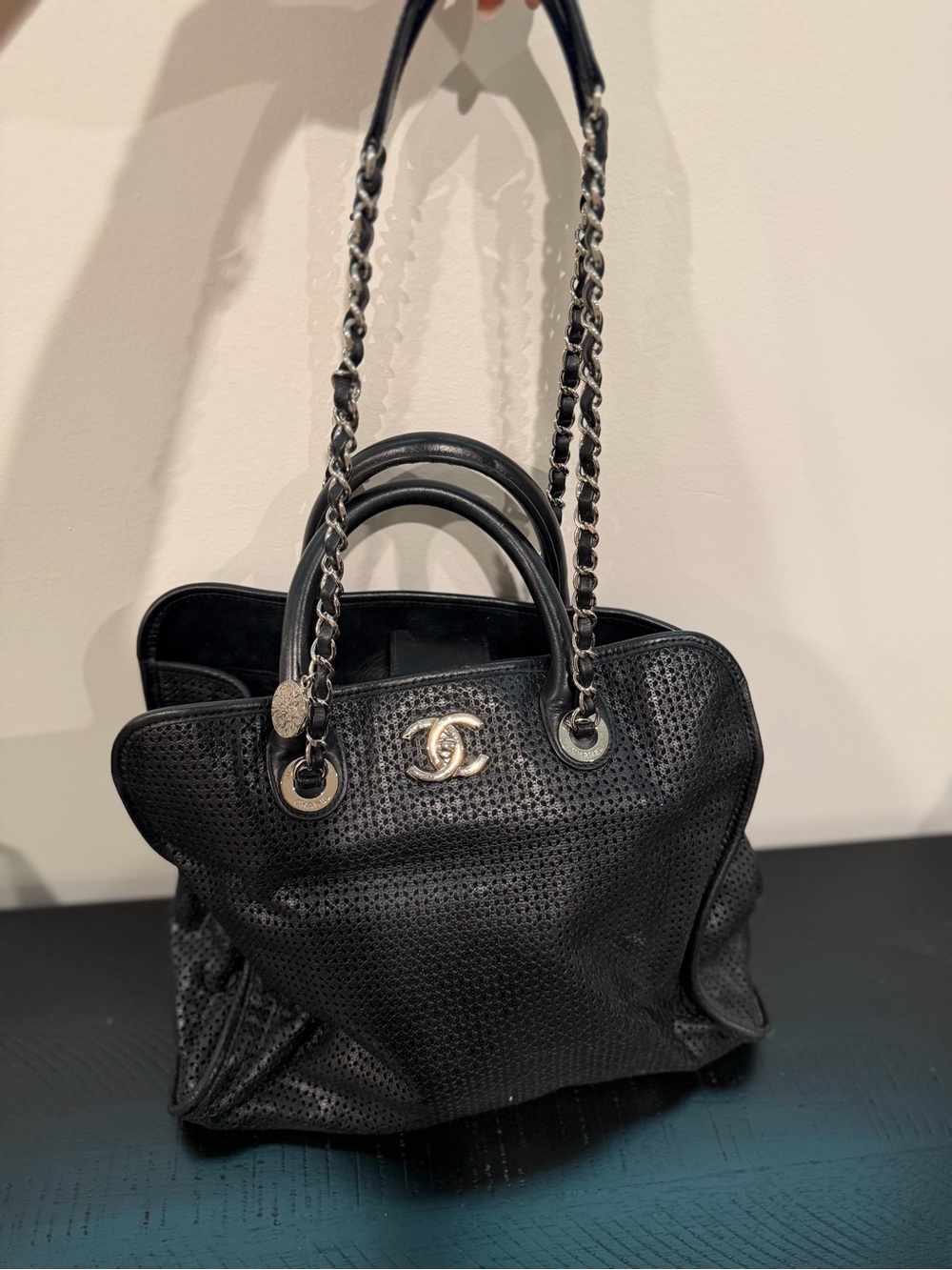 CHANEL Black Perforated Leather Chain-Accent Tote - Picture 2 of 2